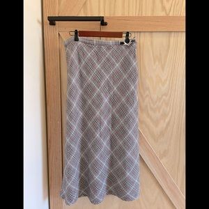 Long grey and red plaid wool skirt